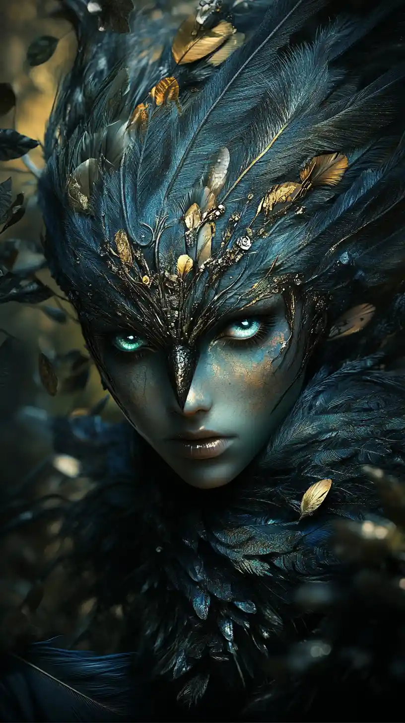 Surreal feathered woman rising within a mystical forest