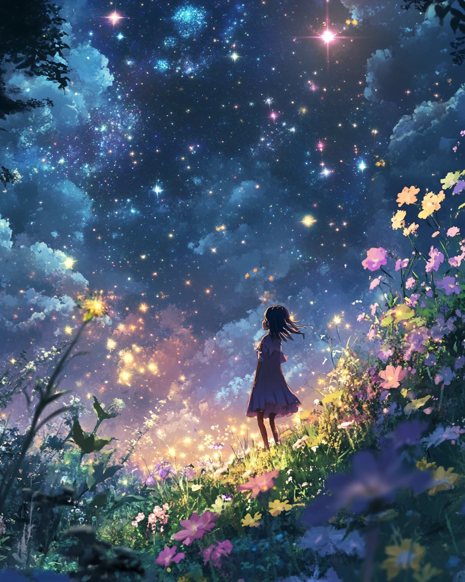 Anime night sky where shining stars bloom into flowers