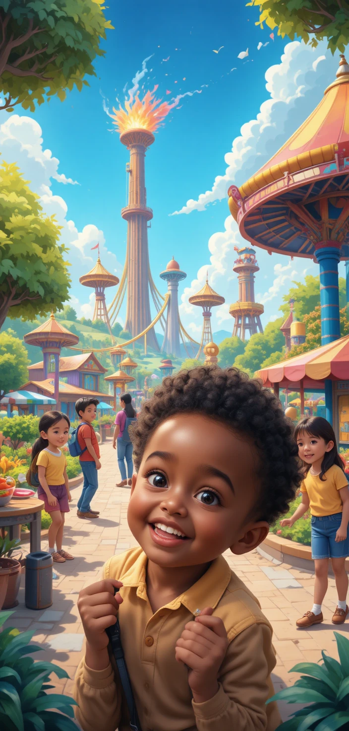 Playful baby boy at a colorful amusement park