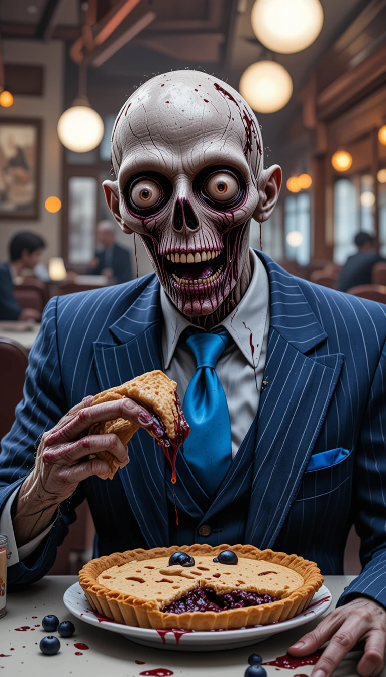 Zombie im blau gestreiften Anzug isst Kuchen im Diner