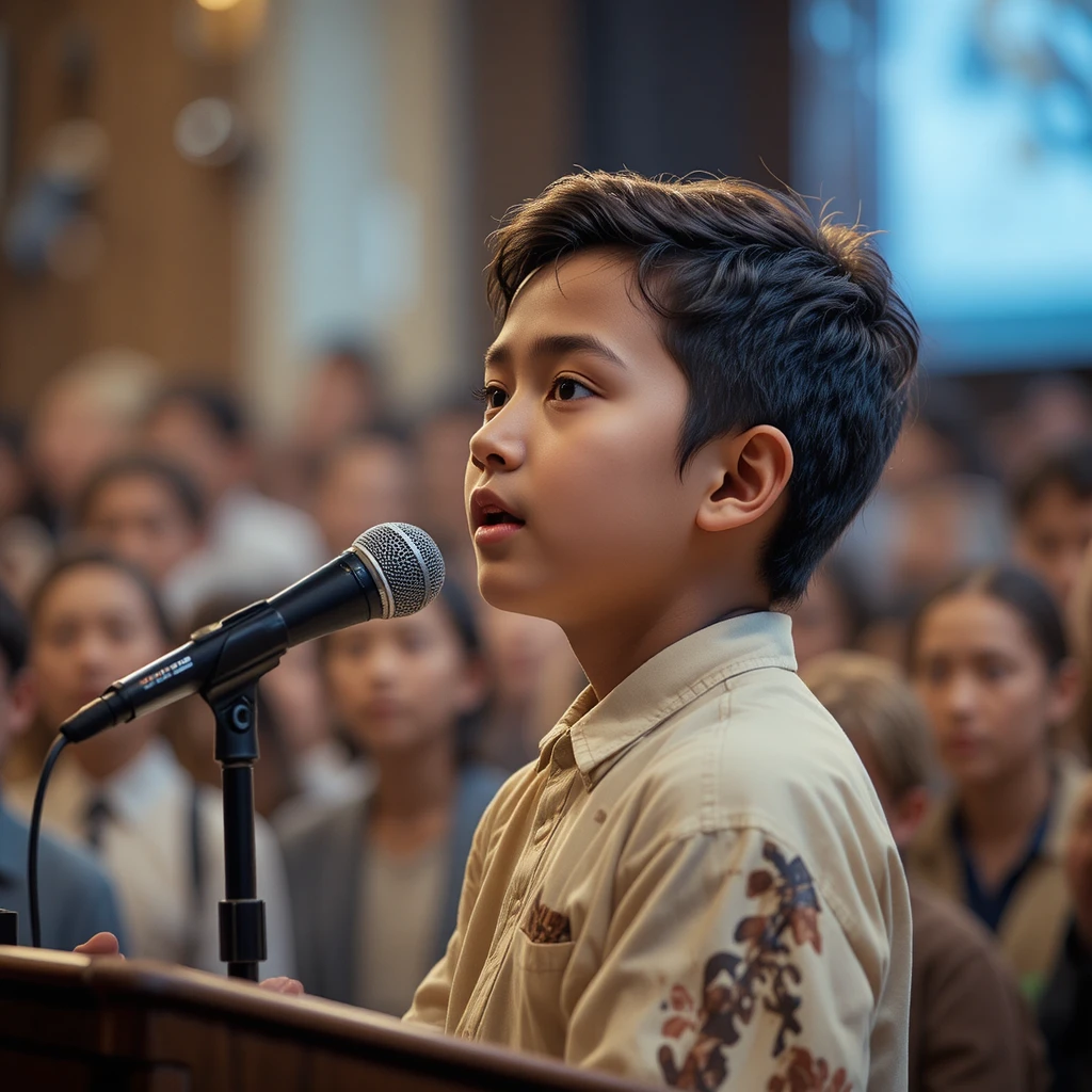 Young boy preaching to a crowd facing the camera