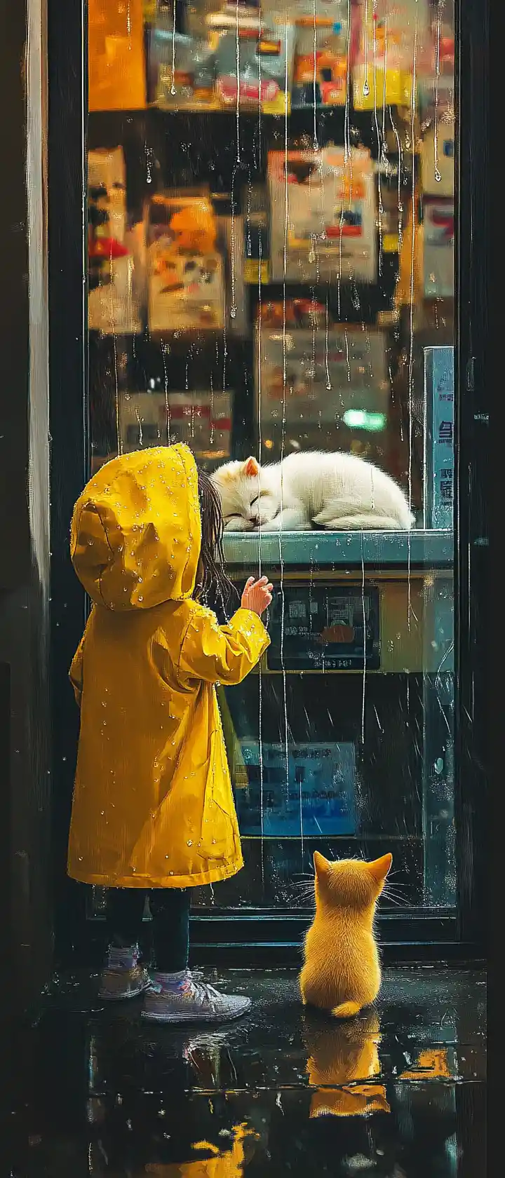 Little girl in yellow raincoat longing at pet shop window