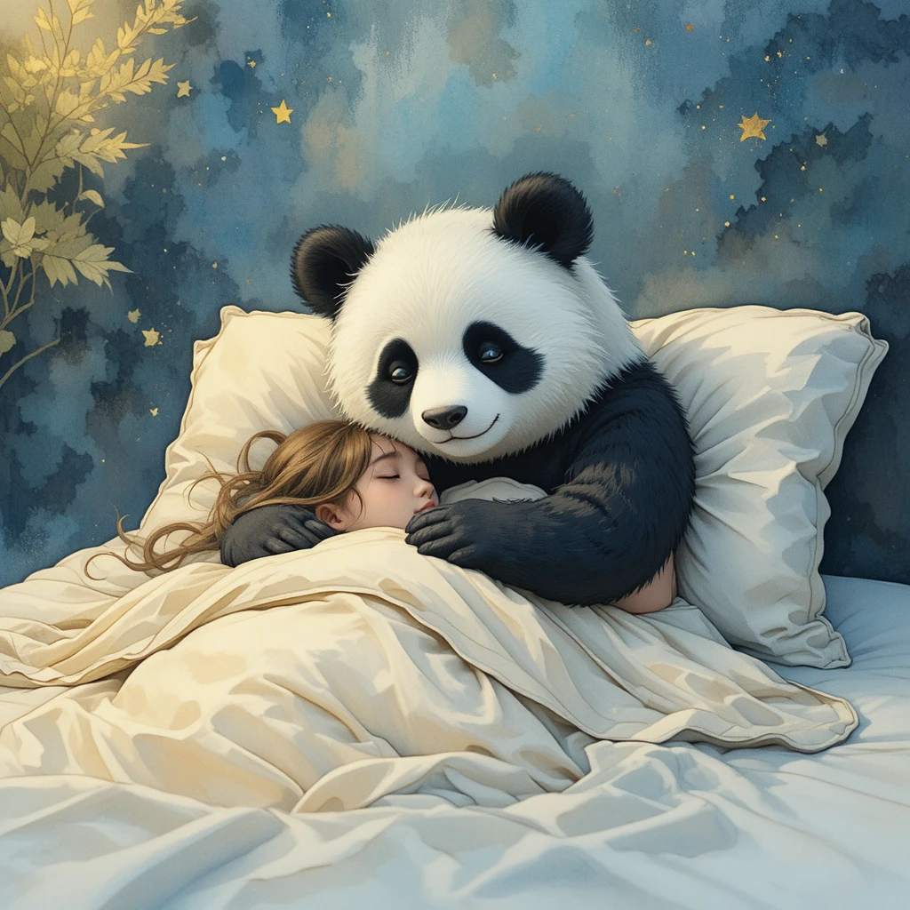 Panda che abbraccia una ragazza a letto in morbidi toni ad acquerello