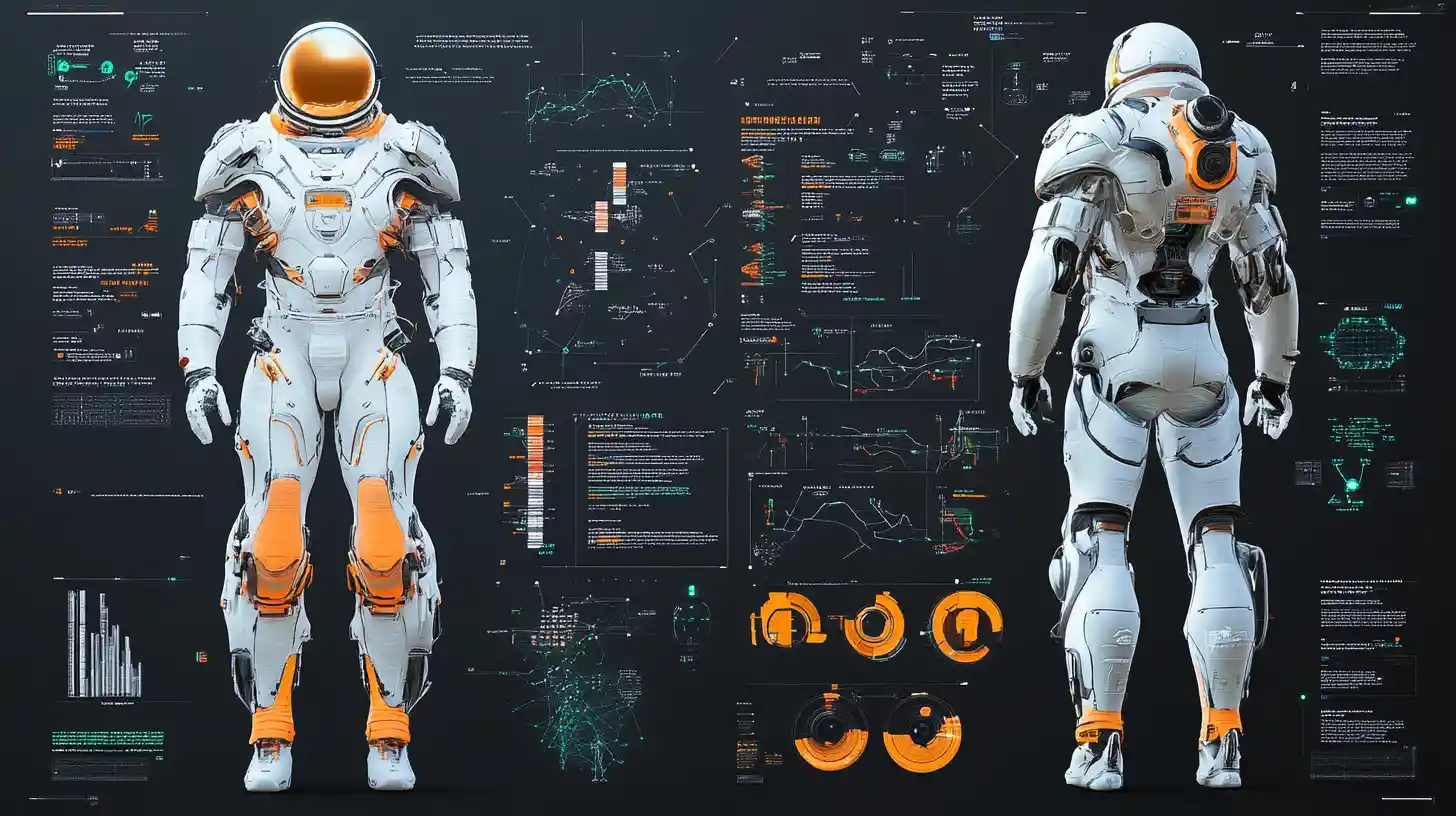 未来的な白い宇宙服の3Dエンジニアリング設計図