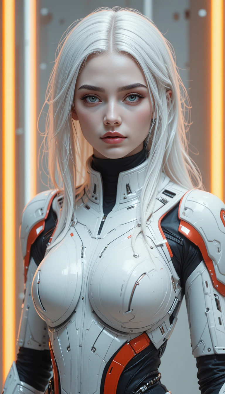 White haired woman in futuristic orange and white space armor