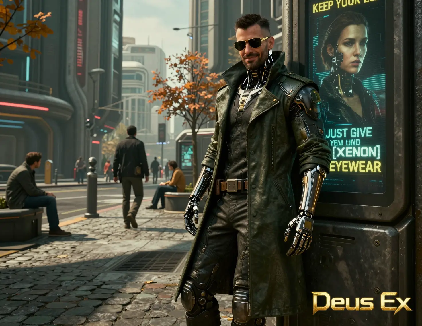 Homme augmenté souriant dans une rue futuriste de Prague