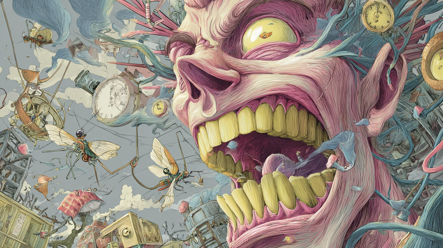 Rostro humano surreal y distorsionado con insectos mecánicos y humo