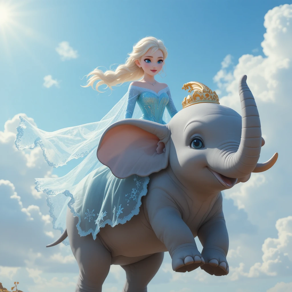Principessa che cavalca un elefante volante in un cielo soleggiato