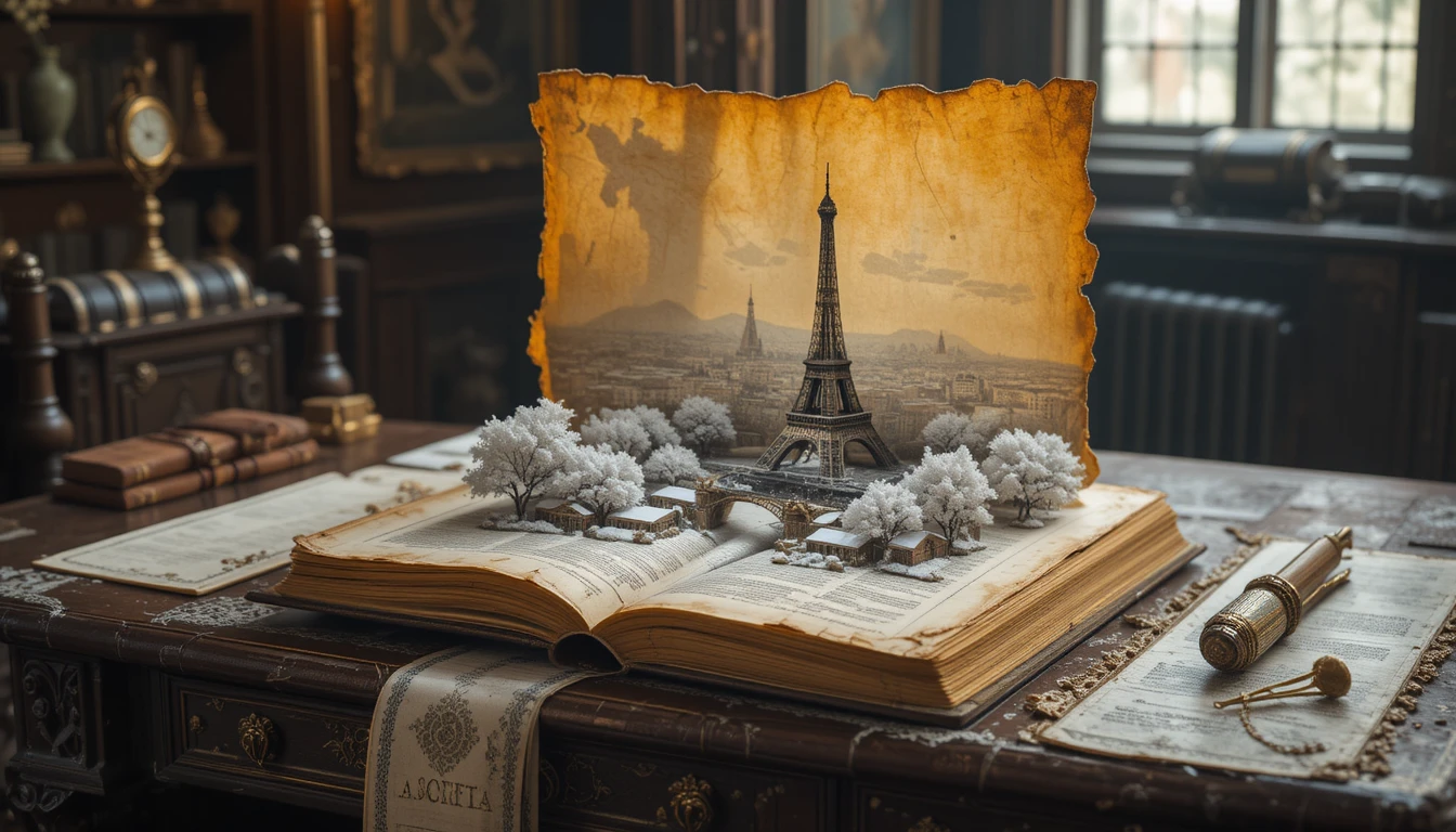 Antico libro su pergamena che rivela una scena innevata di Parigi