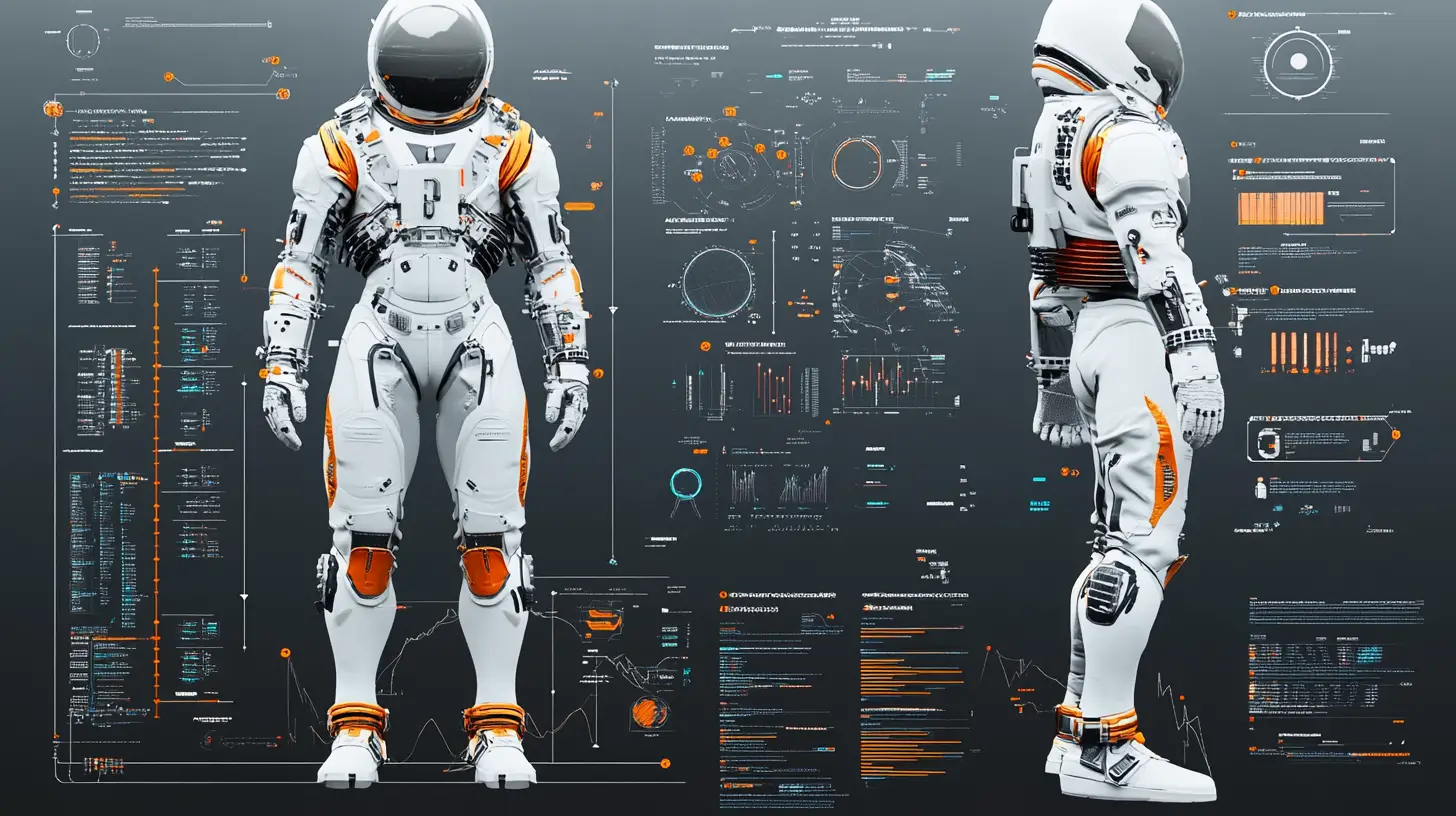 カラフルな技術データ付き未来的な白い宇宙服図解