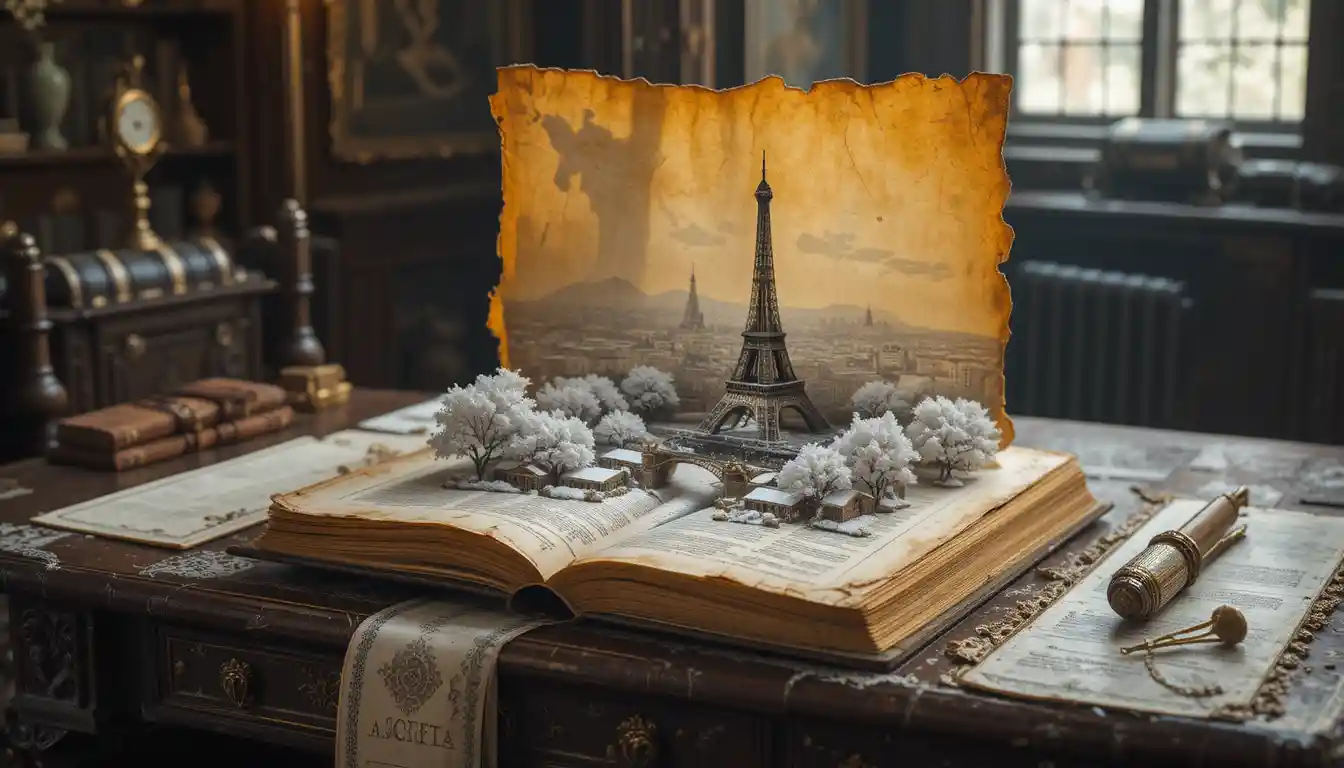 Antico libro su pergamena che rivela una scena innevata di Parigi