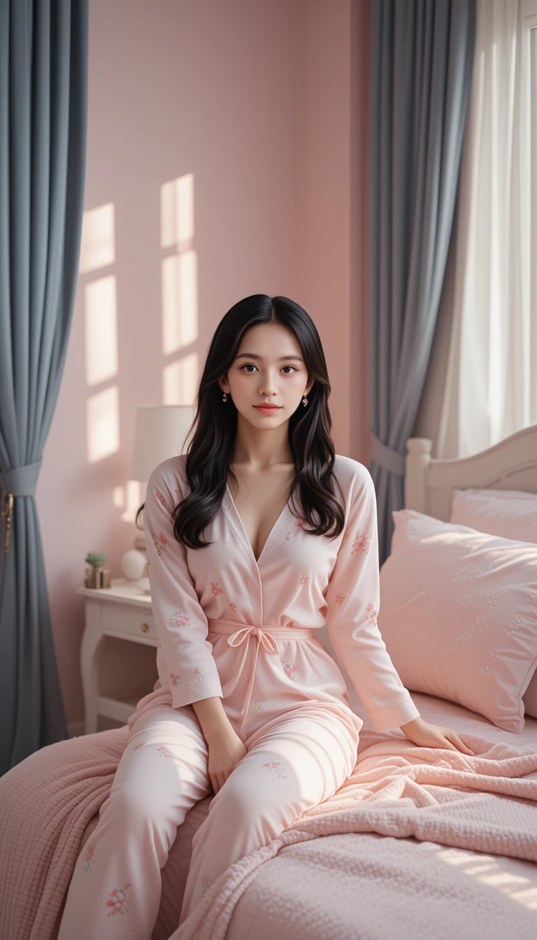 Young woman resting on pink bed in soft daylight