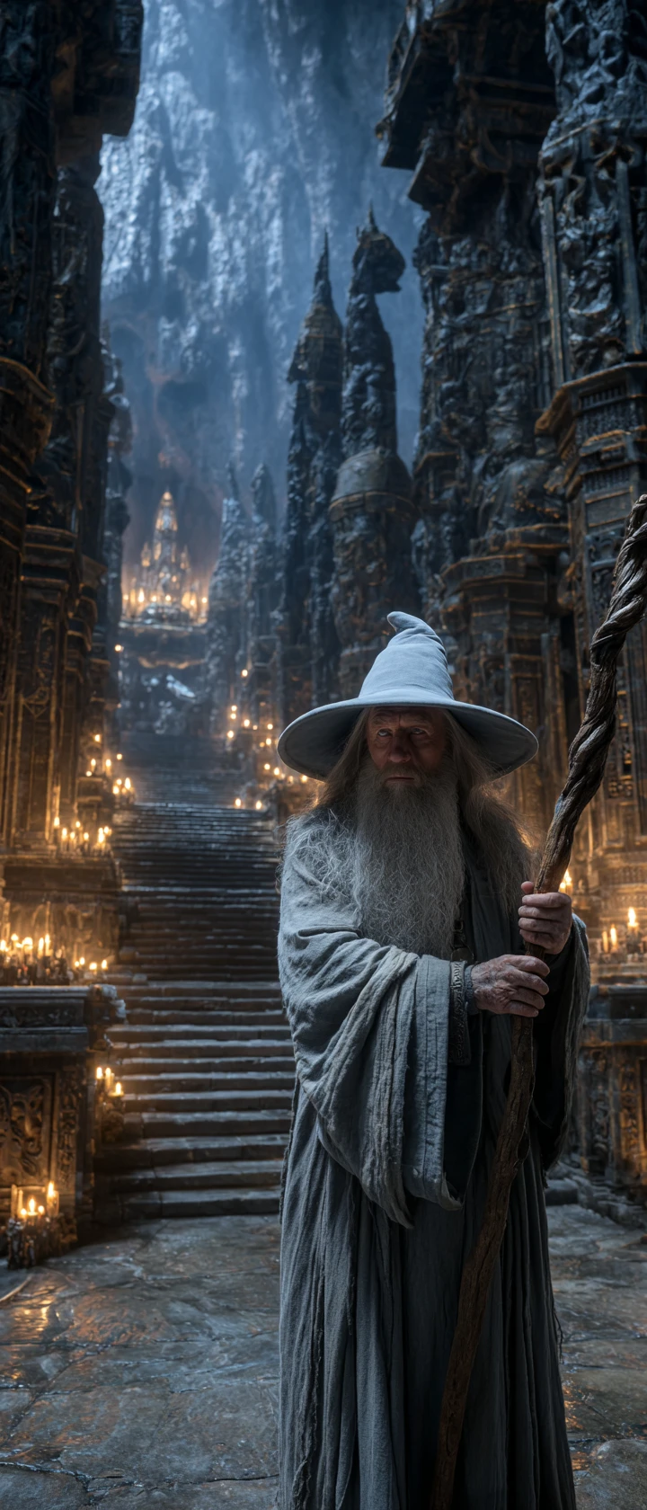 Old wizard in a vast stone temple interior