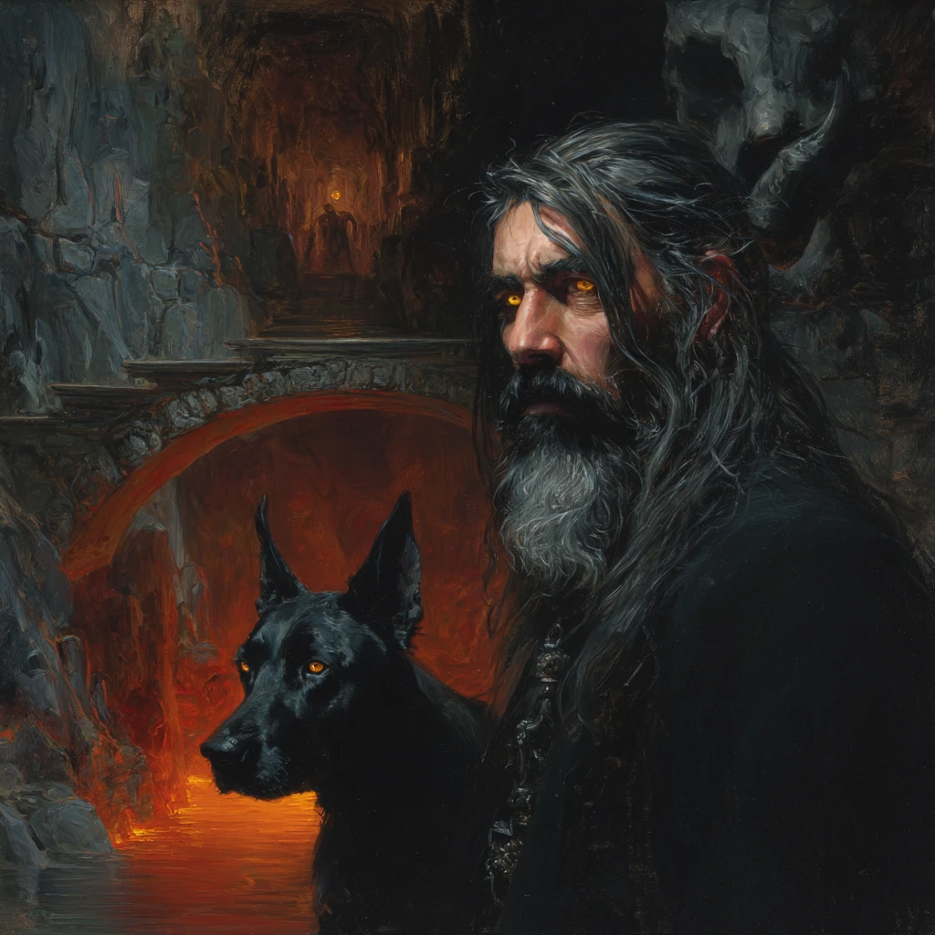 Dark fantasy portrait of a man on a lava bridge