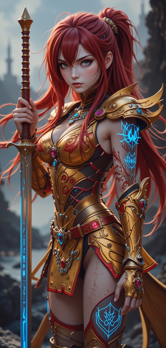 炎の鎧と光るルーンをまとうアニメ女戦士