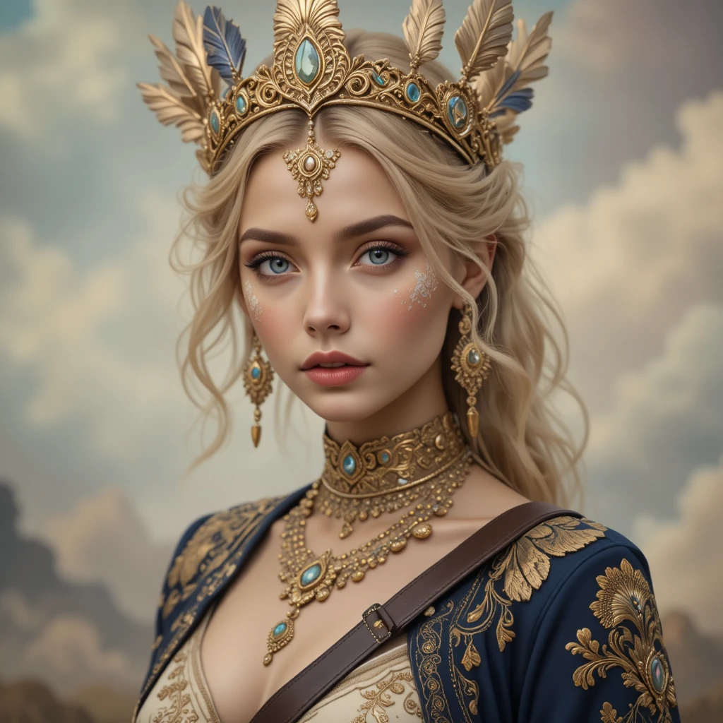 Young crowned woman with ornate golden jewelry and markings