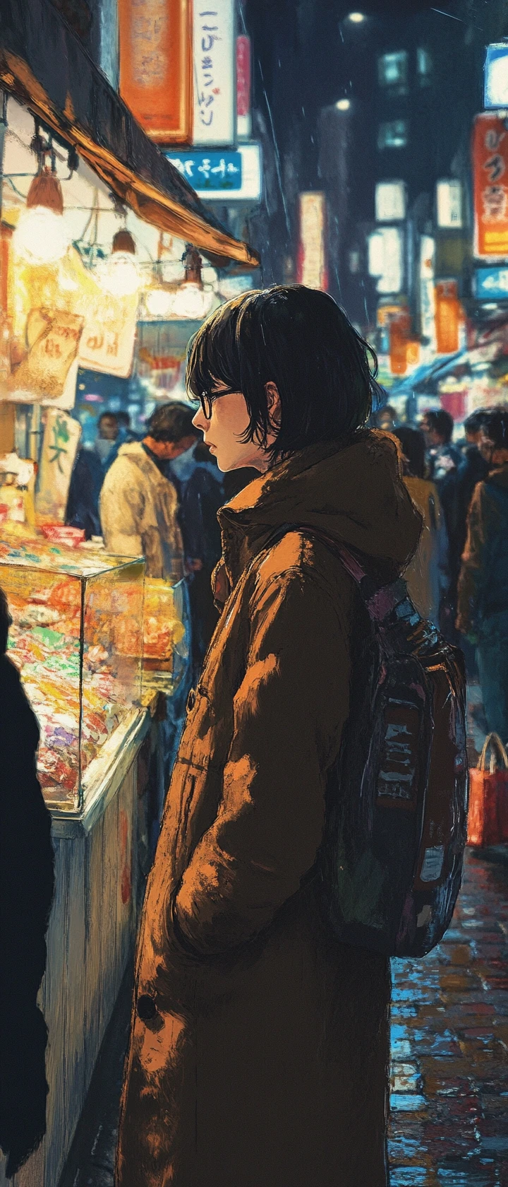 Woman standing still in a crowded market at dusk
