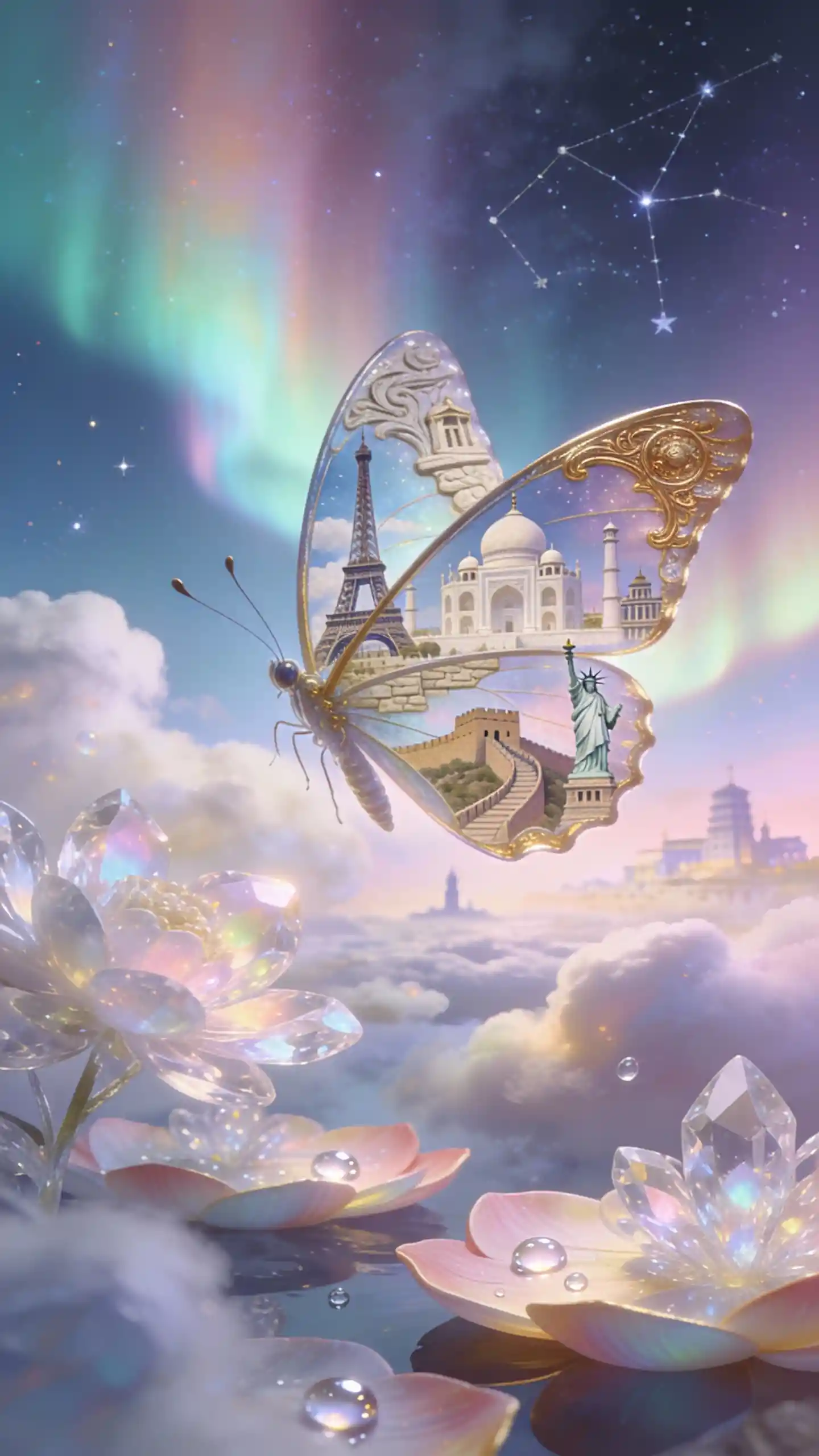 Butterfly With City Landmarks In A Dreamlike Fantasy Scene