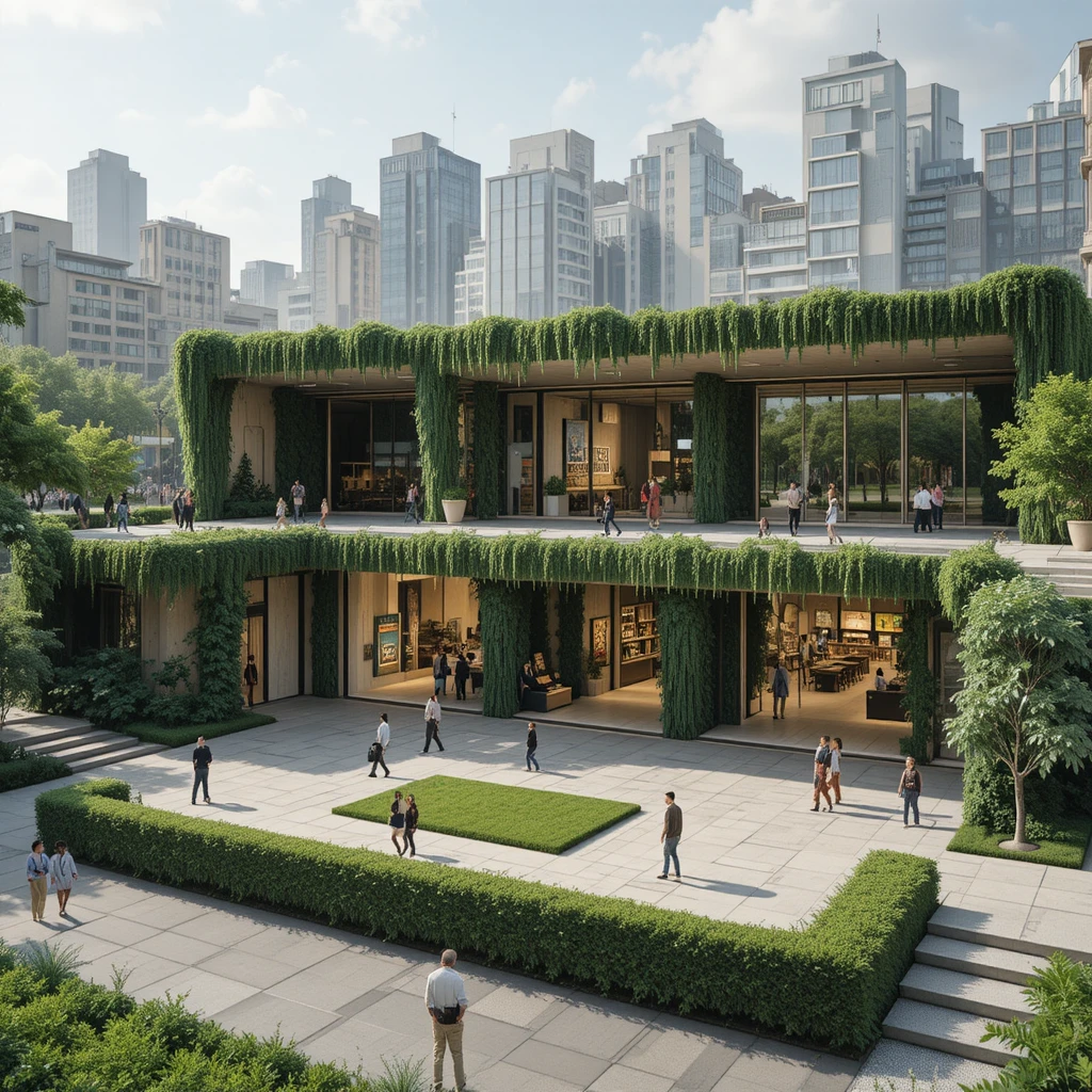 Plaza urbana multinivel con muros verdes y plataformas de actividades