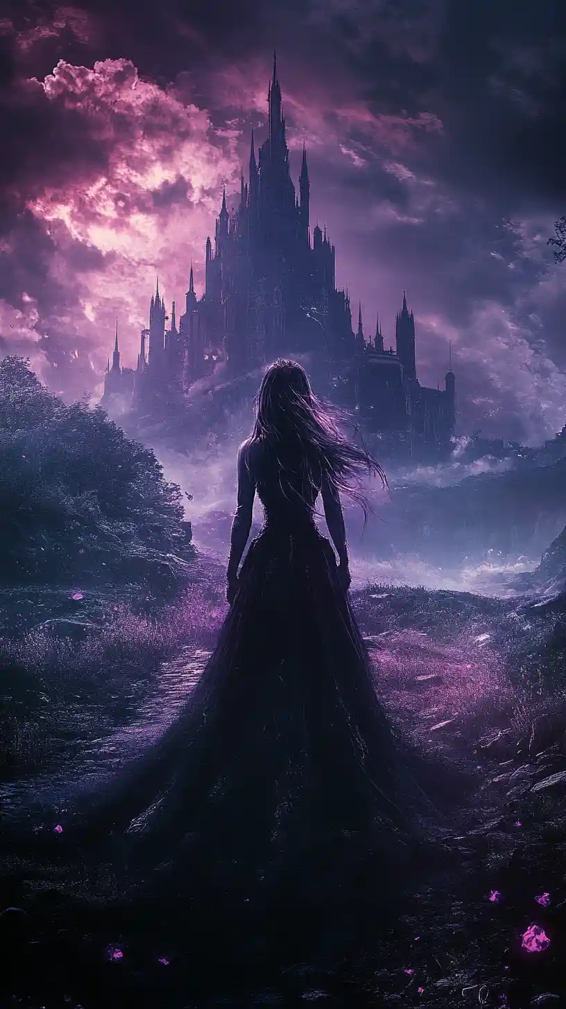 Fantasy diva before a dark castle in ethereal purple glow