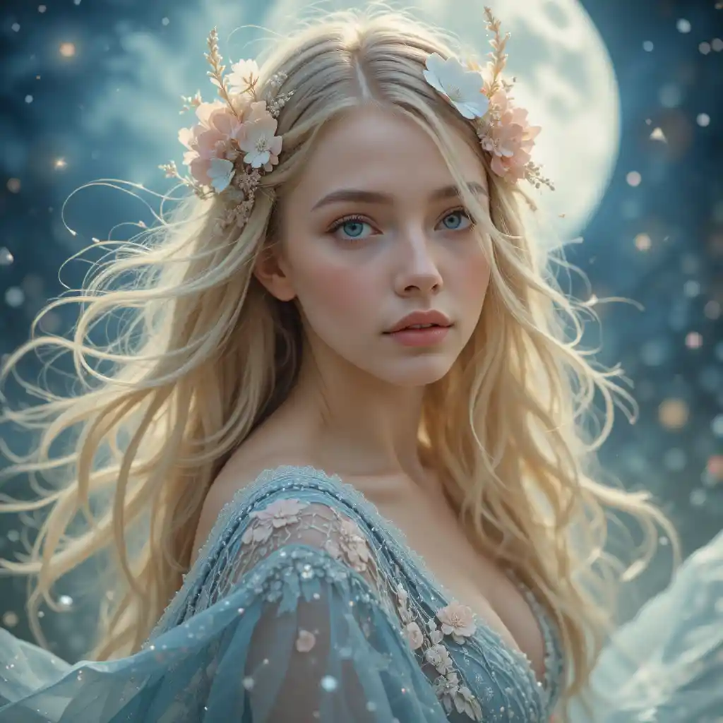 Ethereal blonde girl in floral gown under soft blue light