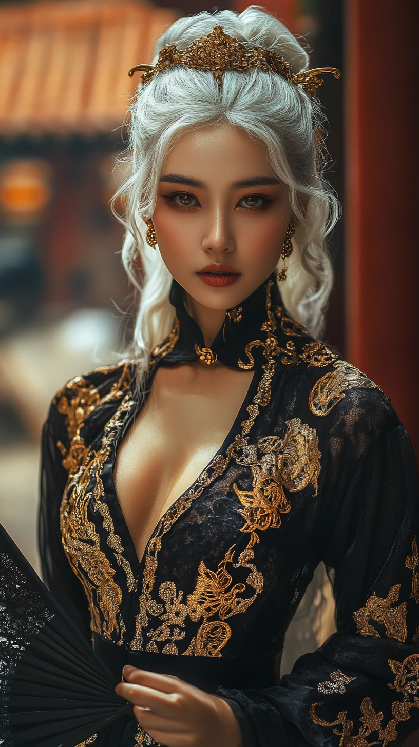 Elegant asian woman in black and gold evening dress