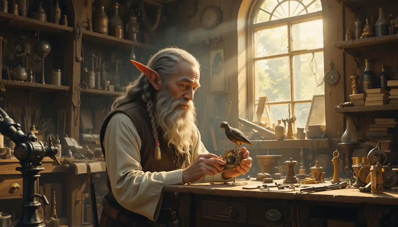 Elderly elf artisan crafting a tiny clockwork bird