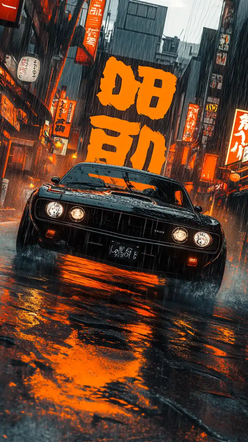 Muscle car noire filant sur une rue de ville détrempée par la pluie