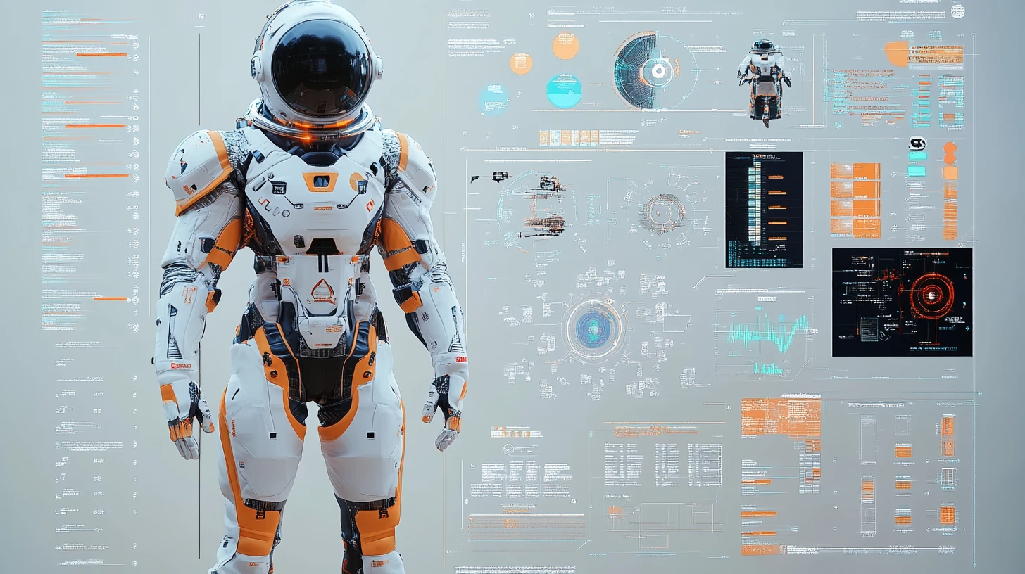 未来的な白い宇宙服 3Dエンジニアリングコンセプト図