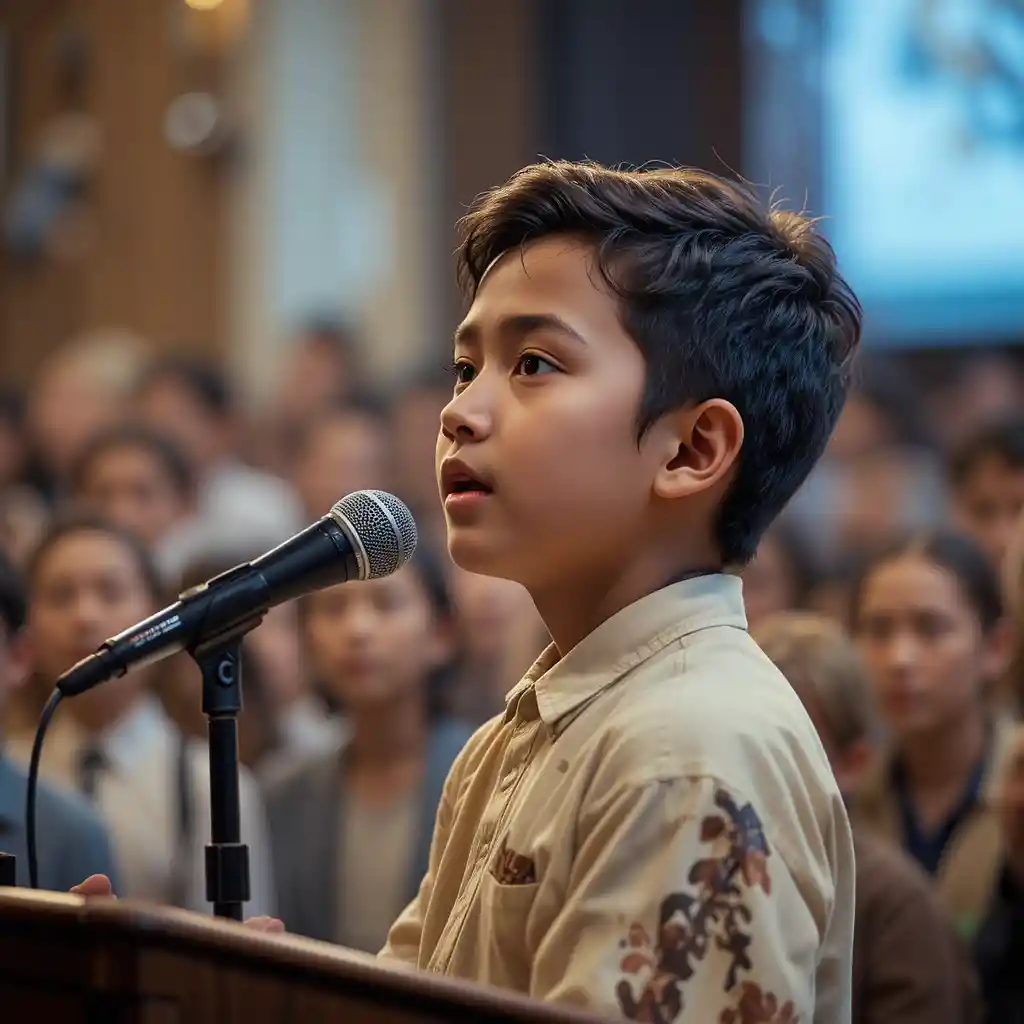 Young boy preaching to a crowd facing the camera