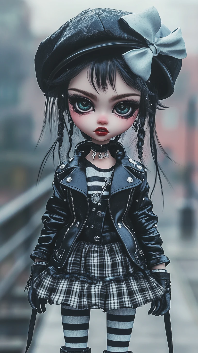 Gothic girl in striped outfit on a pastel waterfront dock