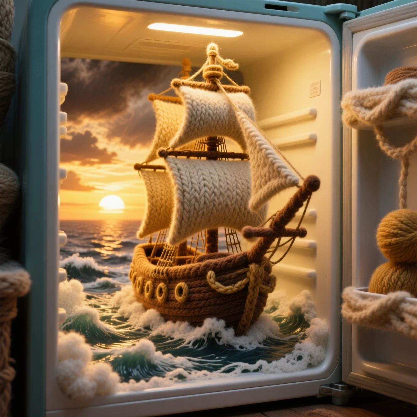 Woolen Sailing Ship Inside A Glowing Fantasy Refrigerator