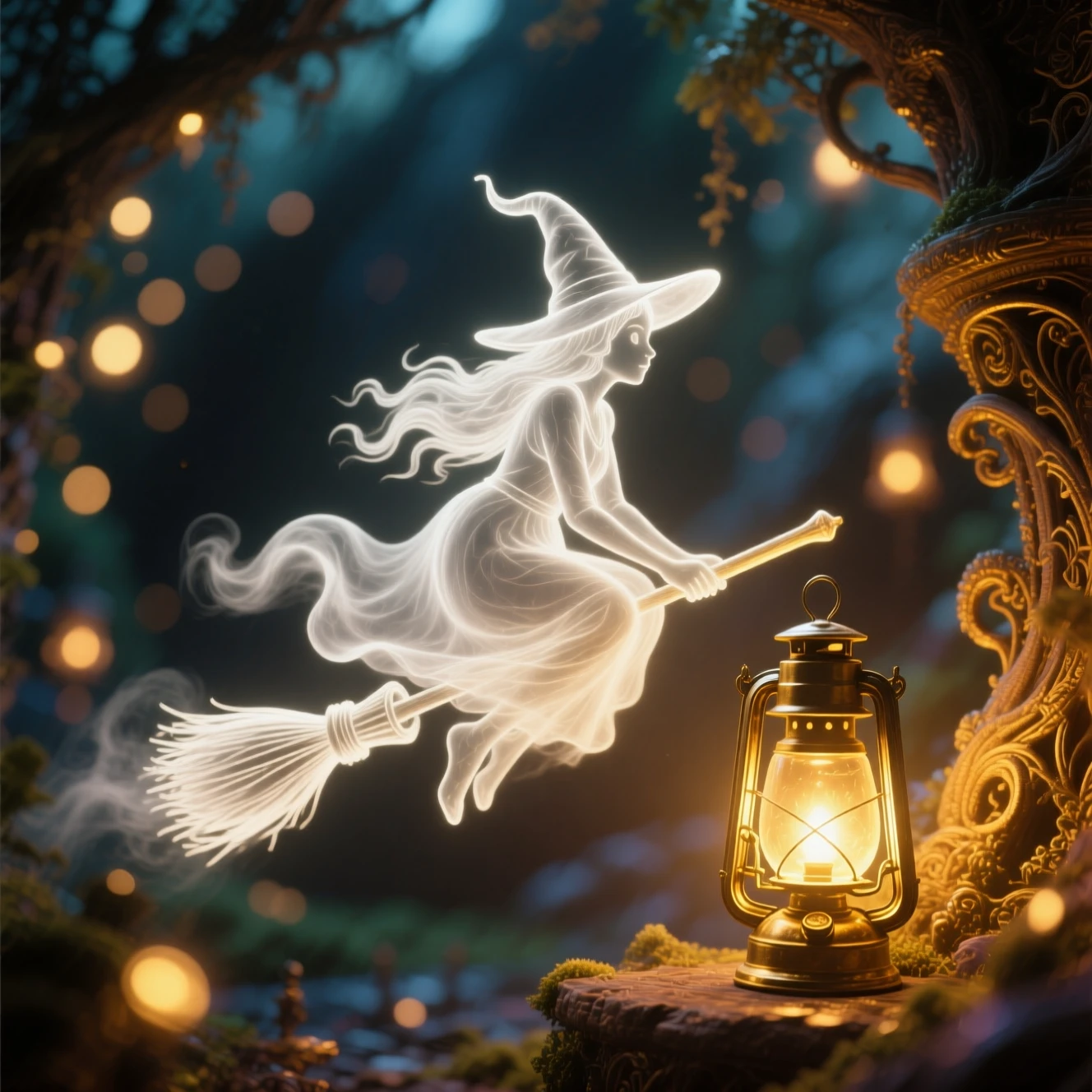 Mystical witch silhouette flying by a glowing golden lamp