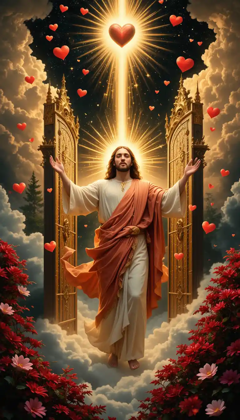 Jesús extendiendo la mano ante radiantes puertas celestiales en escena de San Valentín