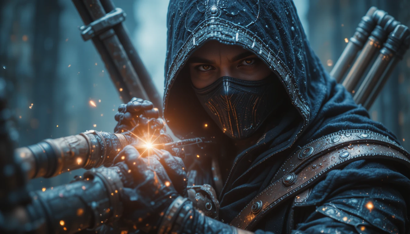 Hooded masked hero with crossbow in vivid fantasy close up