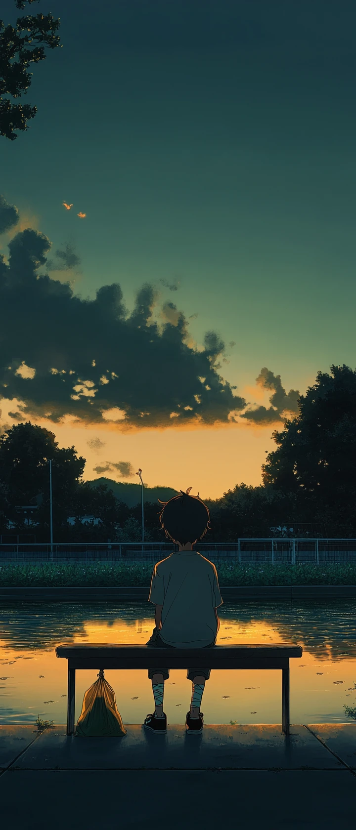 Lonely boy on last festival bench at sunset