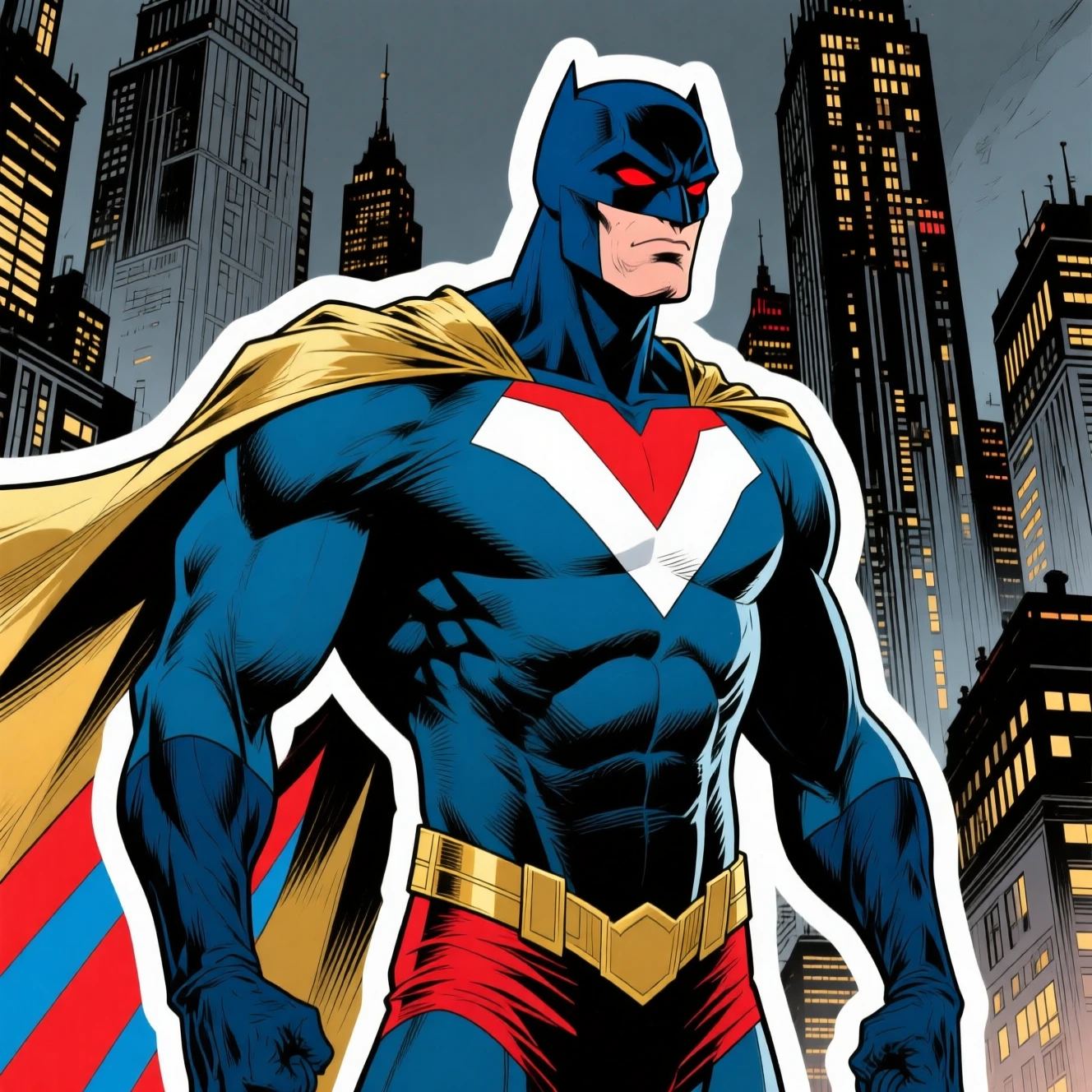 Super-herói musculoso com capa sobre um horizonte urbano monocromático