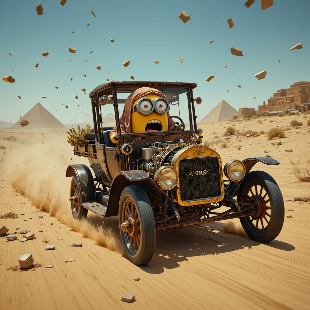Vintage car racing through a winding egyptian desert