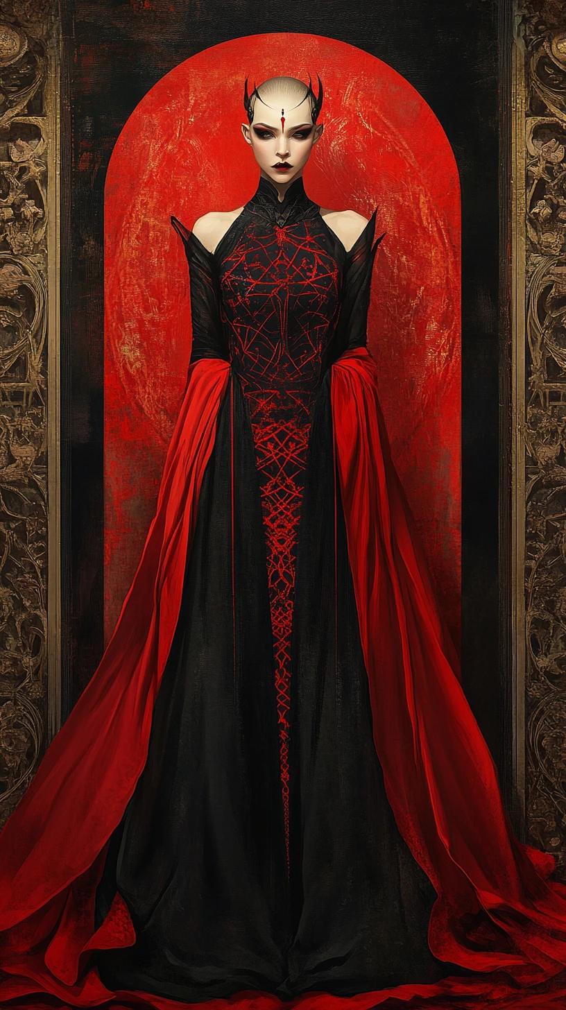 Mysterious elf woman in black dress and red cloak