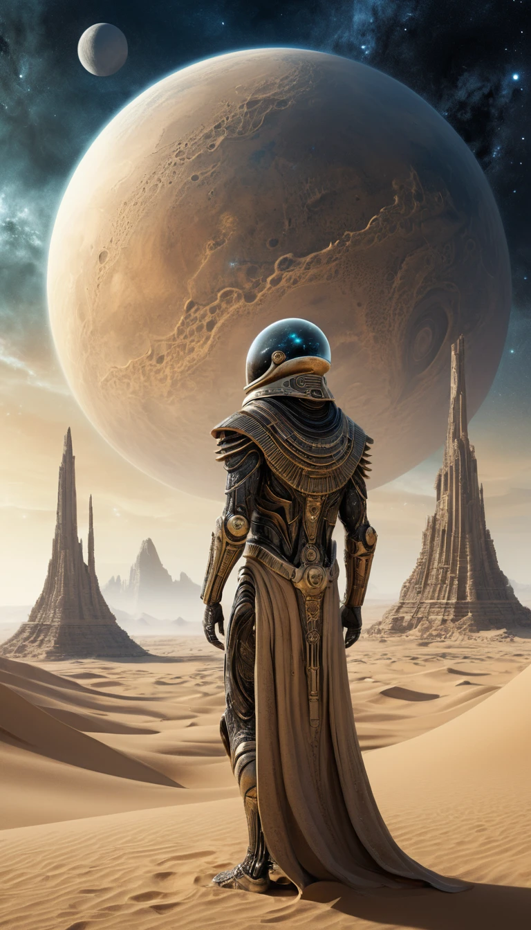 Alien explorer on ancient ruins across a desert world