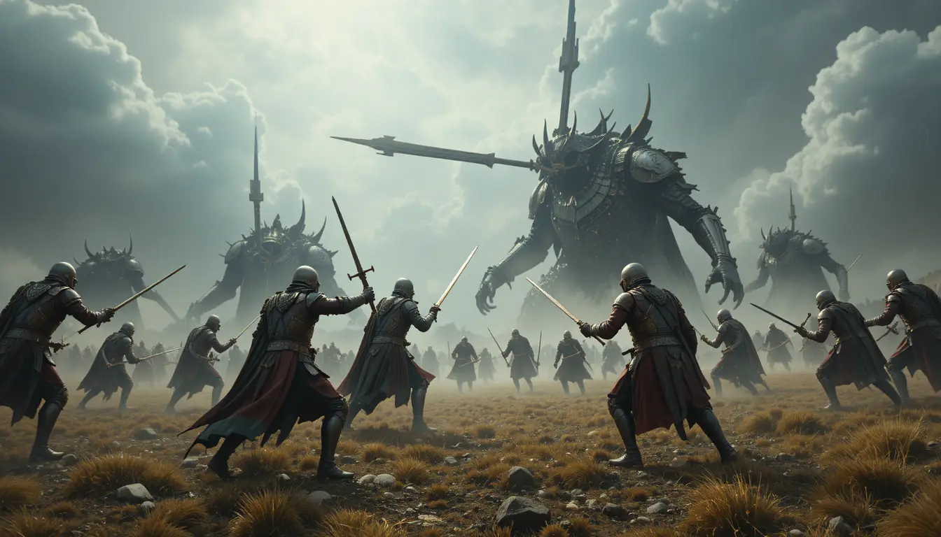 Epic fantasy knights battling monsters on stormy plains