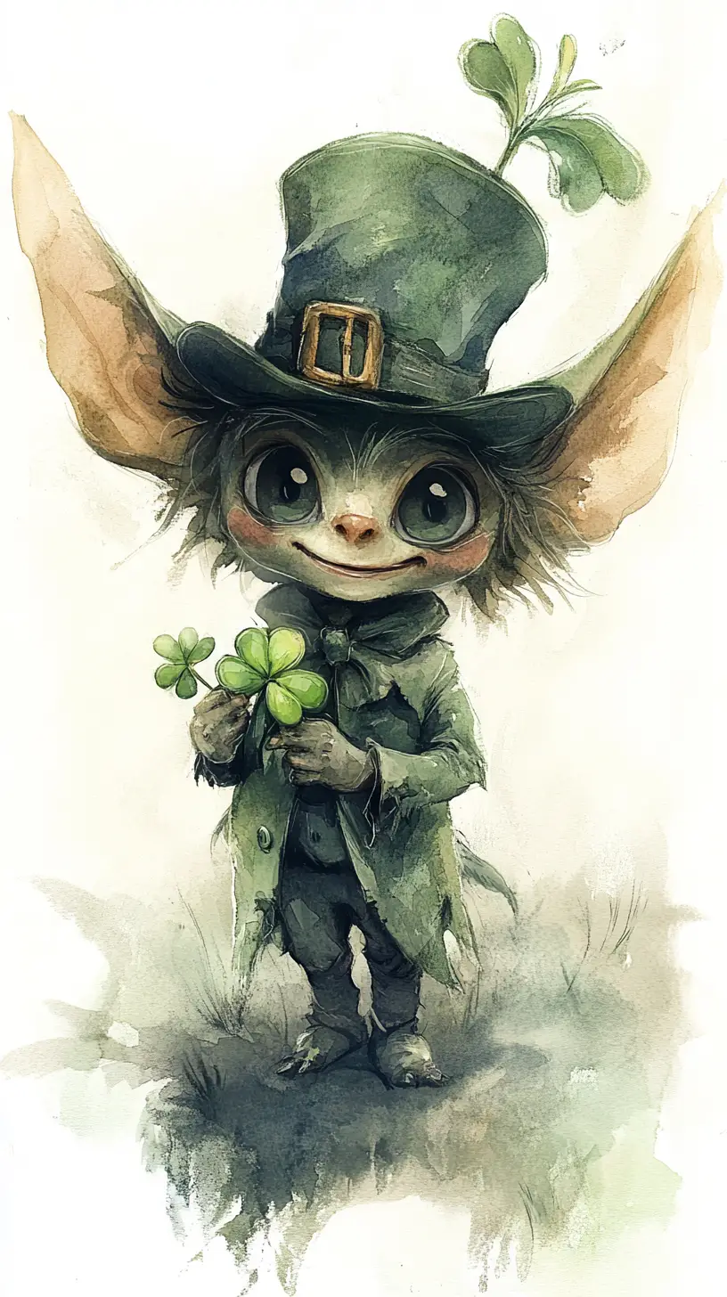 Tiny watercolor leprechaun with shamrock on white background