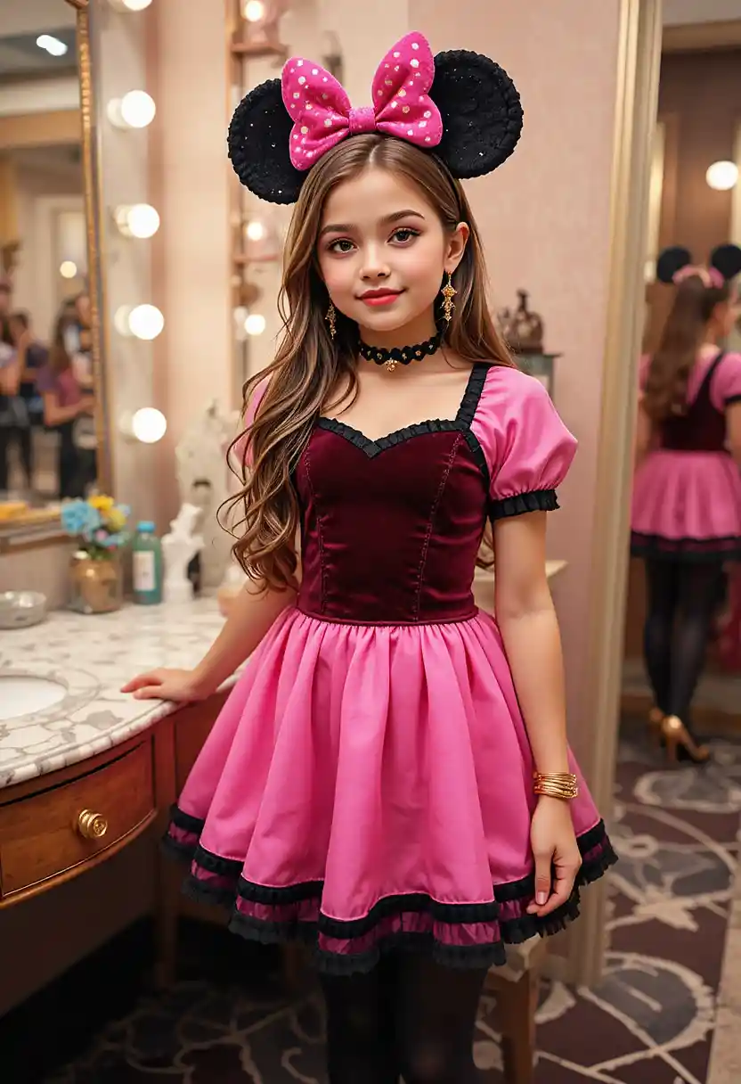 Tween boy in pink minnie dress at boutique vanity