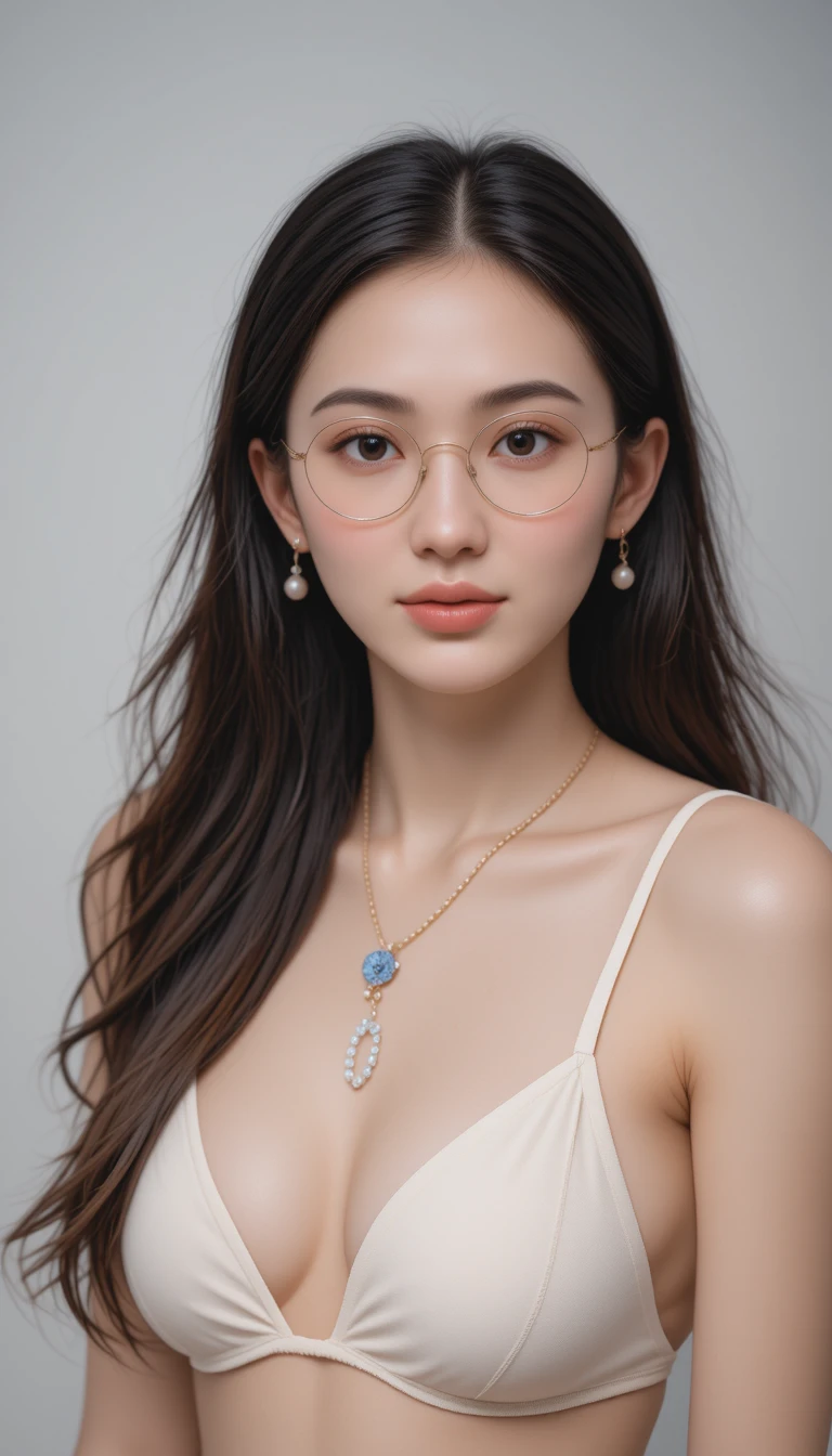 Confident young woman in glasses and bikini portrait