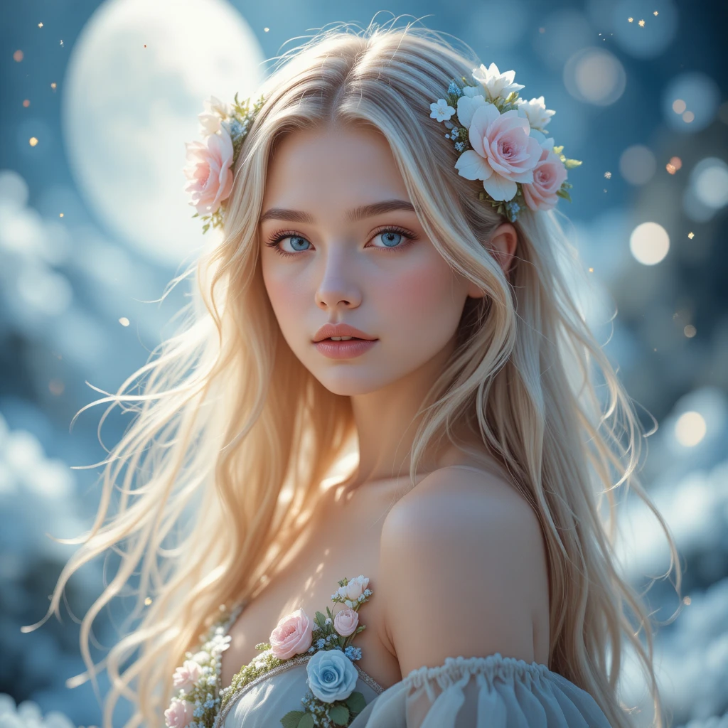 Blonde flower crowned girl in dreamy celestial portrait