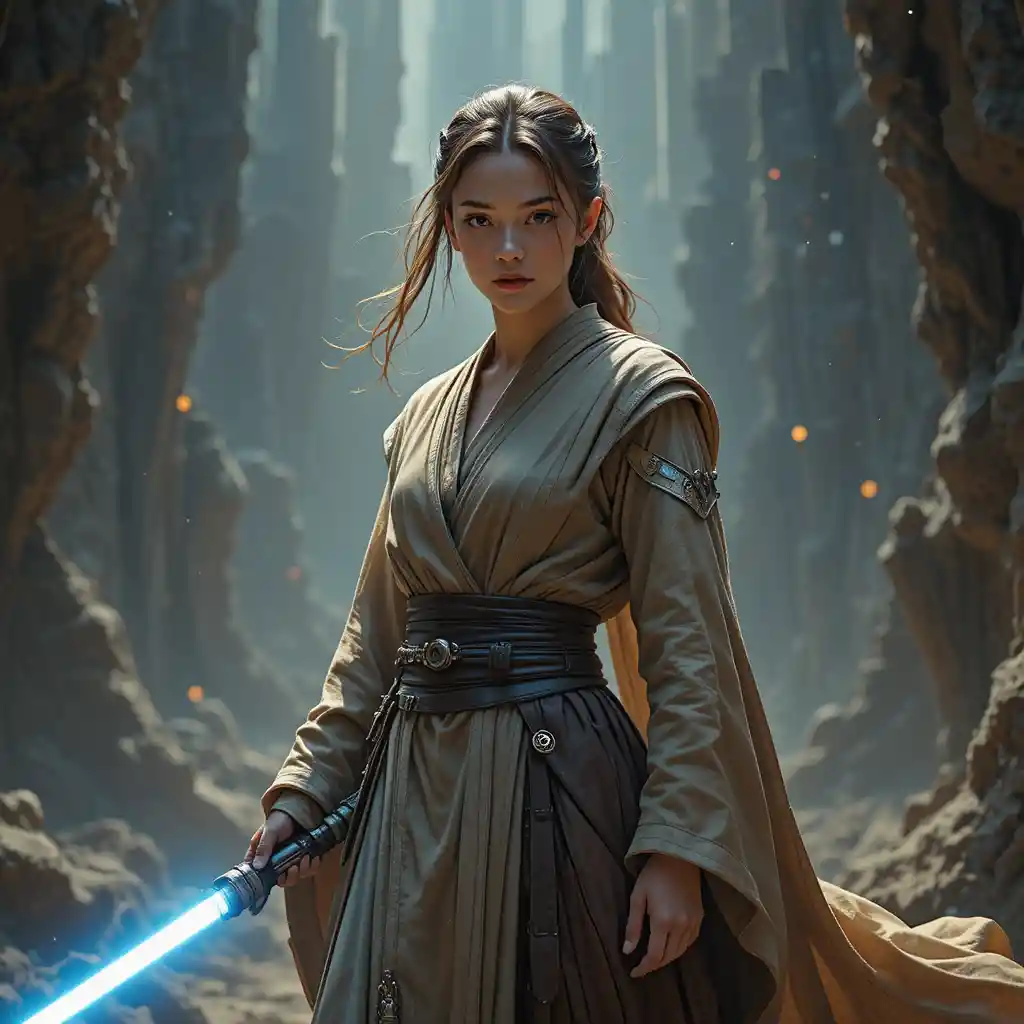 Female Jedi warrior with blue lightsaber in cosmic scene