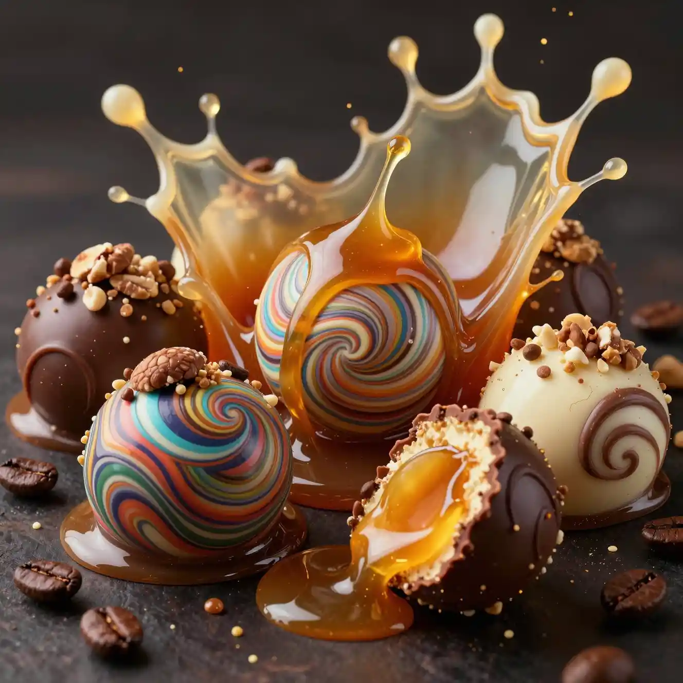 Macro close up of artistic pralines in a paris patisserie