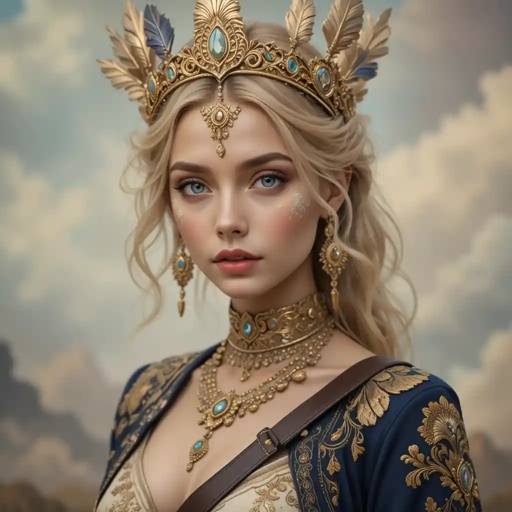 Young crowned woman with ornate golden jewelry and markings
