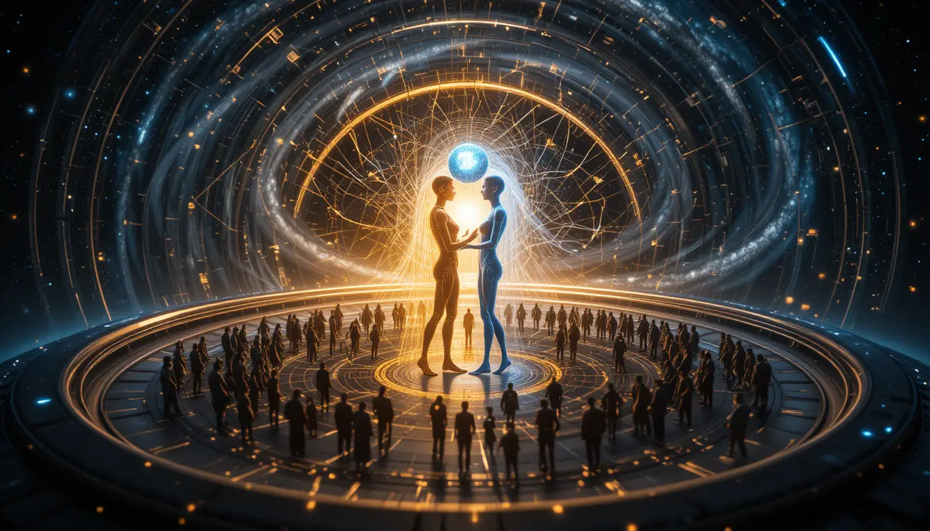Human and AI figures sharing a glowing sphere of knowledge