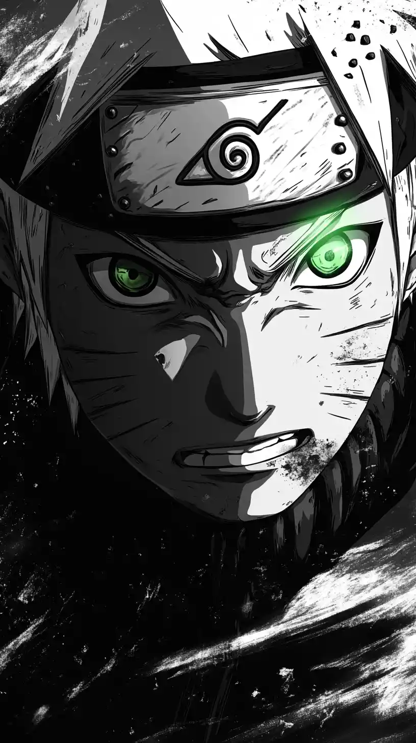 緑に光る眼を持つ激しいアニメ戦士のクローズアップ